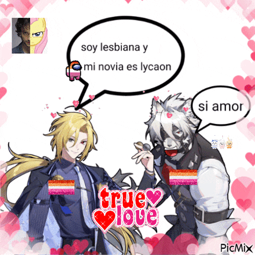 two anime characters with a speech bubble that says true love