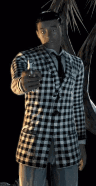 a man in a plaid suit holds a gun in his hand