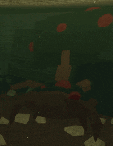 a computer generated image of a dark room with a table and a few red circles