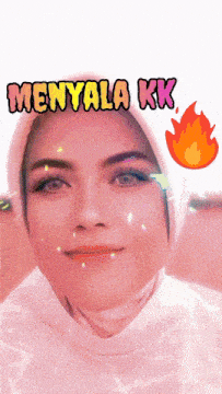 a woman wearing a white hijab with the words menyala kk above her head