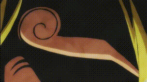 a close up of a person 's face with a swirl on it on a black background .
