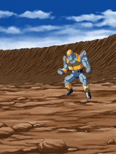 a cartoon character in a yellow and blue outfit is standing in the dirt