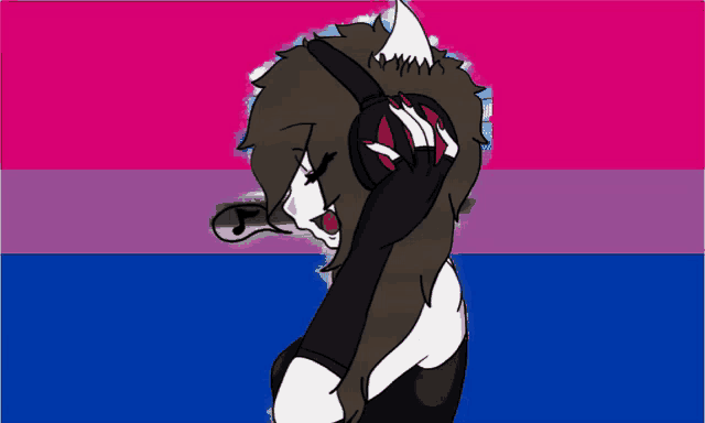 a cartoon of a girl wearing headphones with a bisexual flag behind her