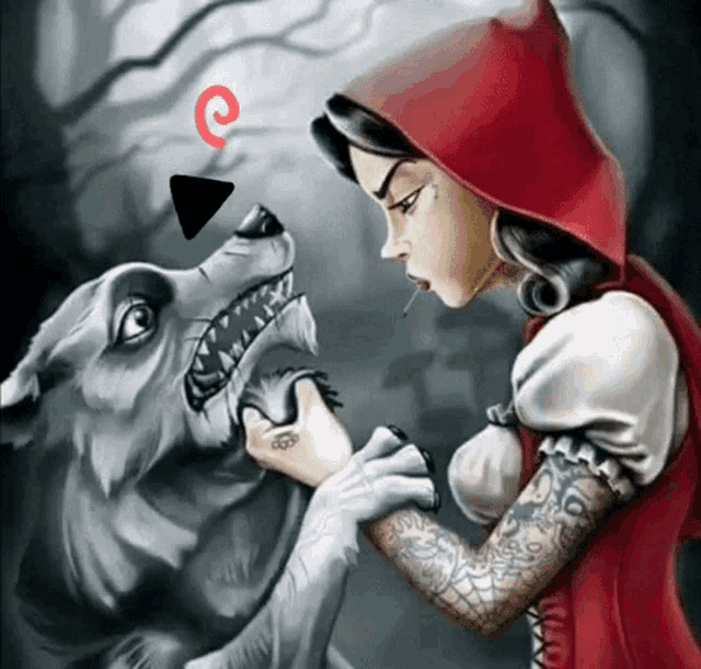 a cartoon of little red riding hood with a tattoo on her arm