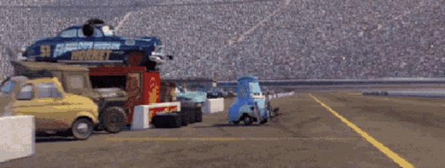 a cartoon car is driving down a race track .