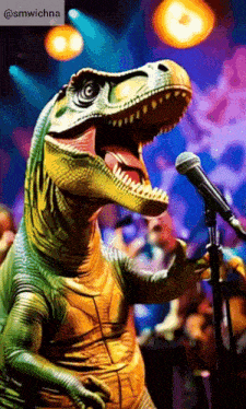 a picture of a dinosaur singing into a microphone with the hashtag smwichna