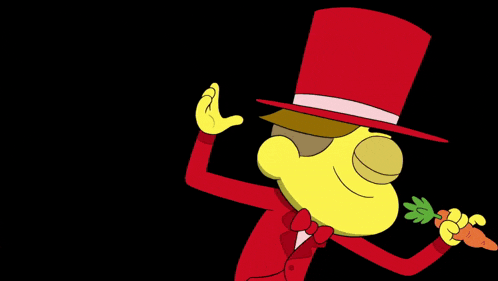a cartoon character wearing a red top hat holding a carrot