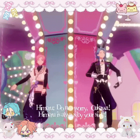 two anime characters are dancing in front of a merry go round with the words himuru do no wory