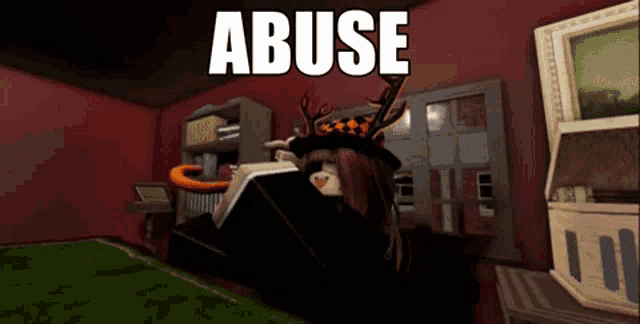 a girl is laying on a couch in a room with the word abuse above her head