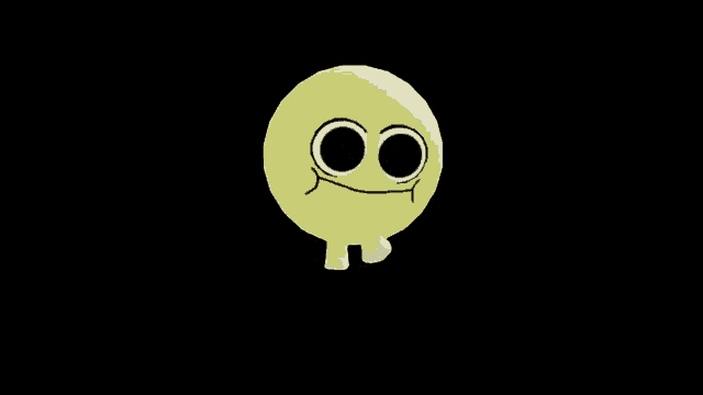 a yellow smiley face with black eyes and a mouth is floating in the air on a black background .
