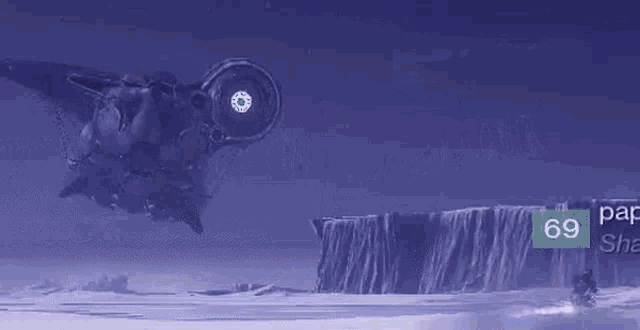 a person is riding a motorcycle in front of a waterfall in a video game with a purple background .