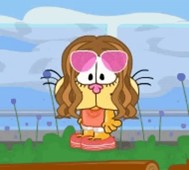 a cartoon character wearing pink heart shaped sunglasses stands next to a log