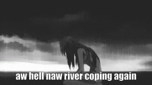 a black and white image of a girl in the rain with the words aw hell naw river coping again