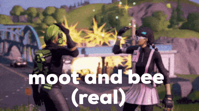two people are dancing in a video game with the words " moet and bee ( real ) " on the bottom