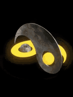 a yellow and black yin yang symbol with a crescent moon in the middle