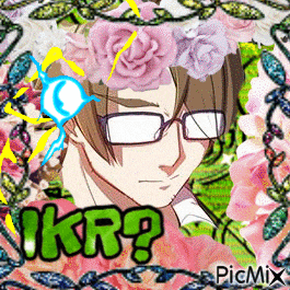 a picture of a man with glasses and a flower crown on his head with the words ikr on the bottom