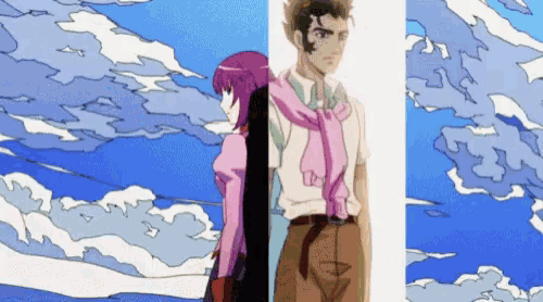 a man and a woman are separated by a blue sky