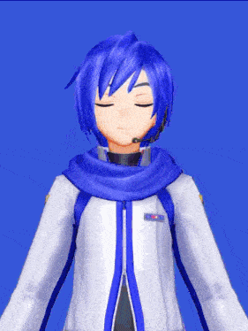 a blue haired anime character with his eyes closed and a microphone on his head