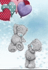a couple of teddy bears standing next to each other with balloons in the shape of hearts .