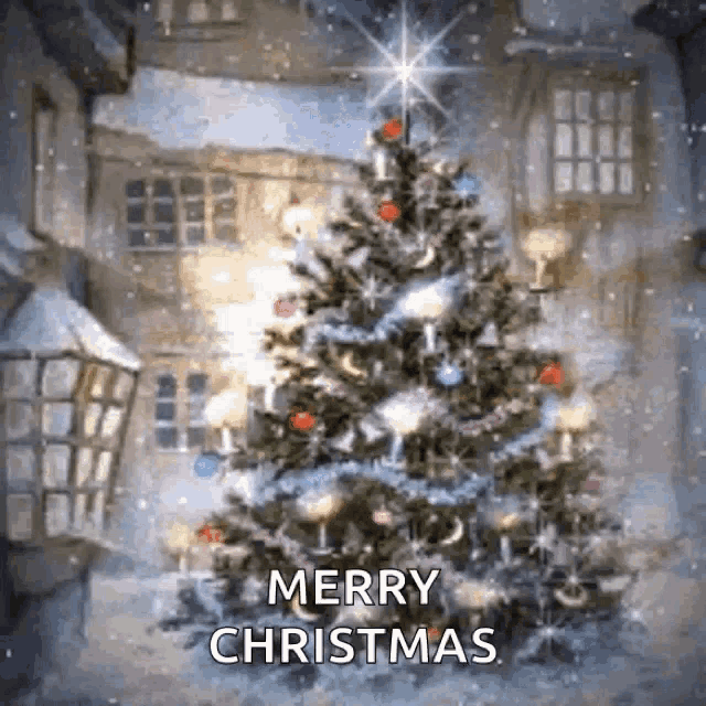 a merry christmas greeting card with a christmas tree