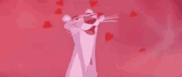 a pink panther is surrounded by hearts on a pink background .