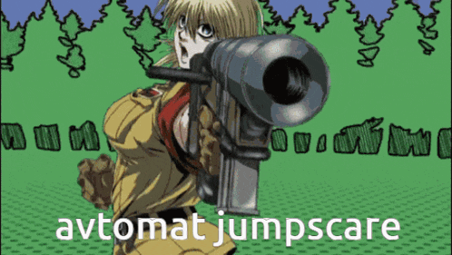 a cartoon of a woman holding a gun with the words " avtomatot jumpscare " on the bottom