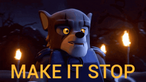 a cartoon character says " make it stop " in front of some candles