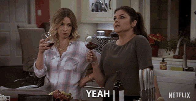 a netflix ad shows two women toasting with wine