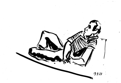 a black and white drawing of a man playing an accordion with the date 19.8.23