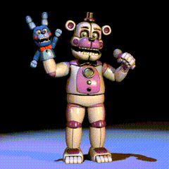 a cartoon character holding a stuffed animal and a microphone in his hands