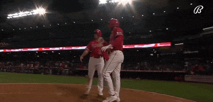 a group of baseball players are standing on a baseball field in a stadium .
