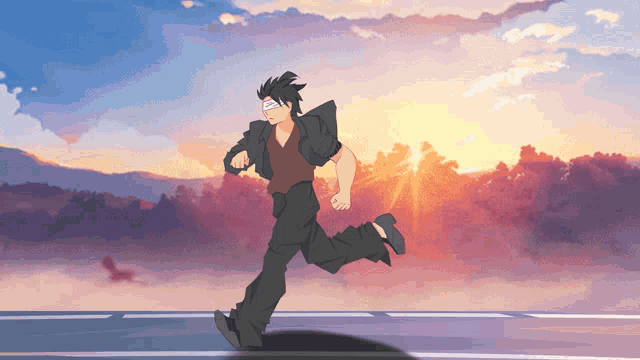 a cartoon of a man running in front of a sunset sky