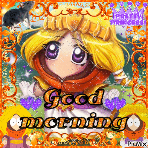 a picture of a girl with purple eyes and the words " good morning "