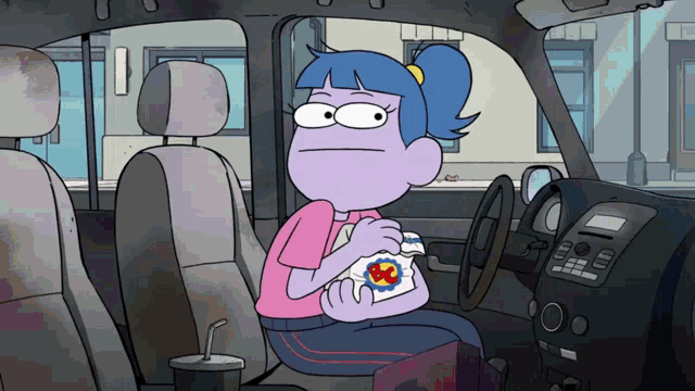 a cartoon character is sitting in the back seat of a car eating a snack
