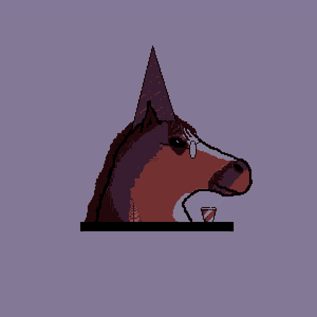 a pixel art of a horse wearing a party hat drinking from a cup
