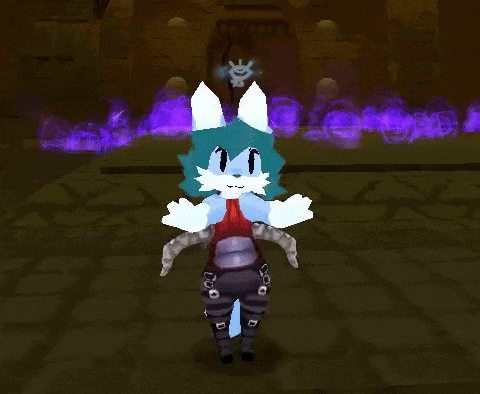 a cartoon character is standing in a dark room with purple smoke in the background