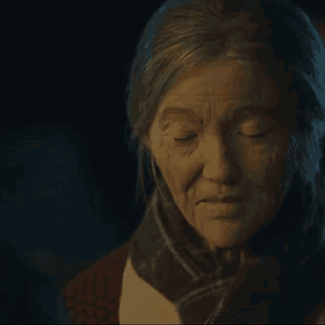 an elderly woman says " because you 're lovely " in a dark room