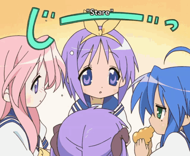 a girl with purple hair is surrounded by two other girls and the word stare is above them
