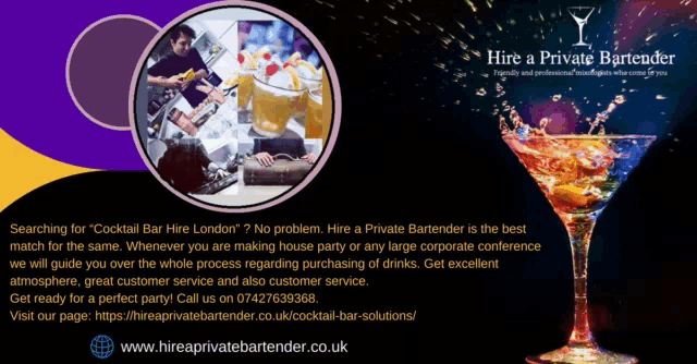 an ad for hire a private bartender shows a martini glass