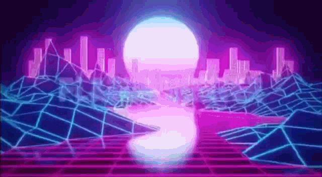 a computer generated image of a futuristic city with a glowing sun in the background