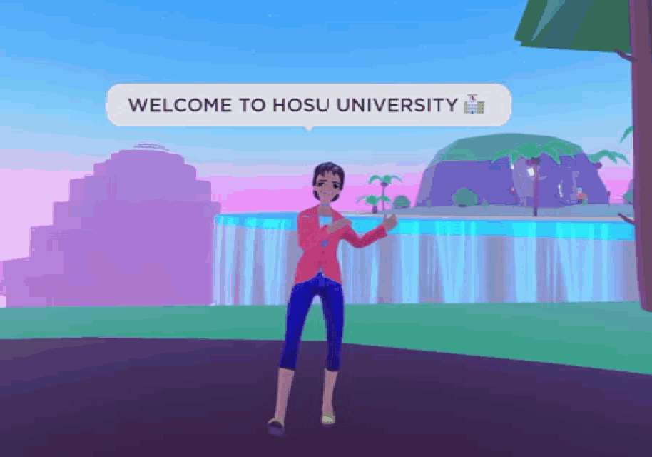 a cartoon character is standing in front of a waterfall and a sign that says welcome to hosu university