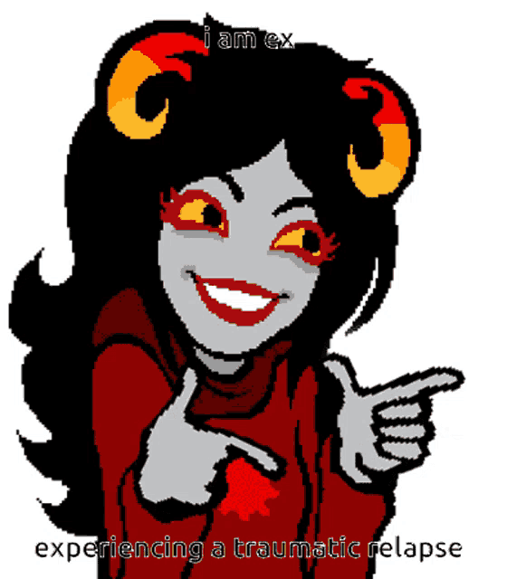 a pixel art drawing of a troll with the words " i am ex experiencing a traumatic relapse " below her