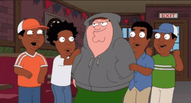 a group of cartoon characters are standing in front of a exit sign