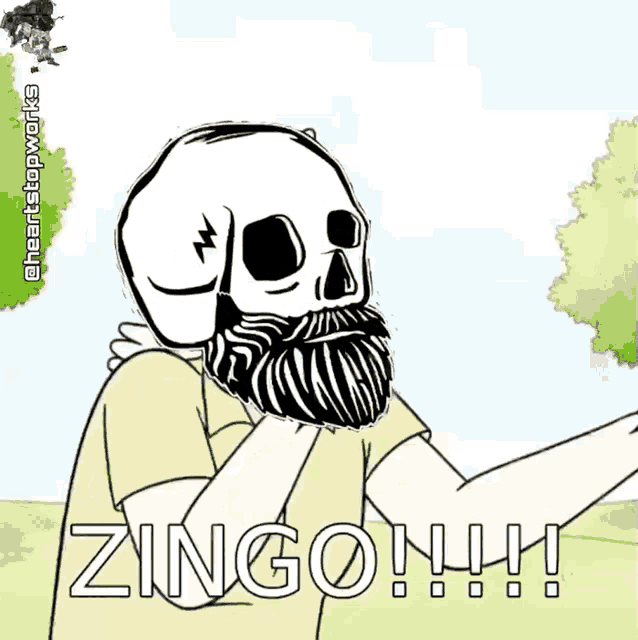 a cartoon of a man with a skull on his head and the words zingo !!!