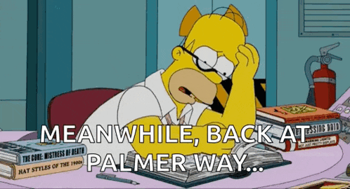a cartoon of homer simpson reading a book with the words meanwhile back at palmer way below him