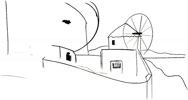 a black and white drawing of a house with a windmill