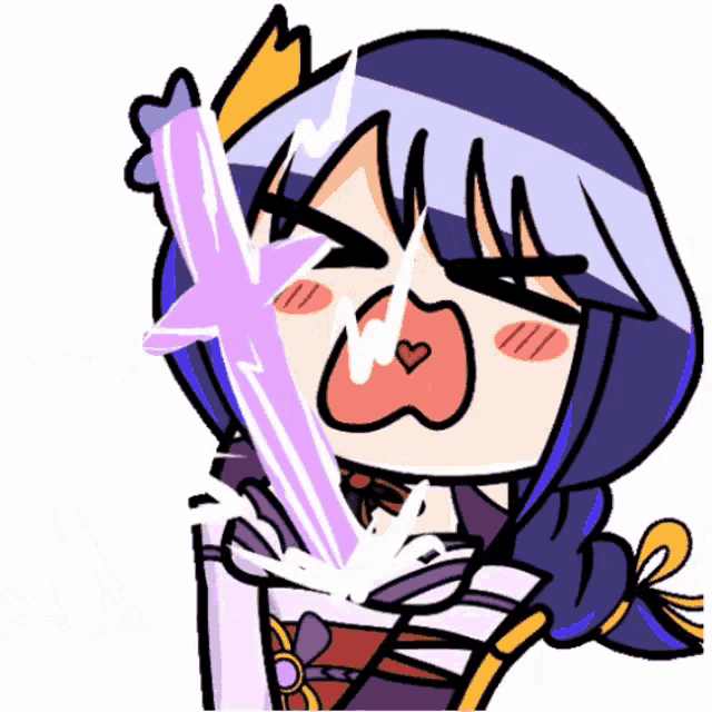 a cartoon of a girl holding a purple sword in her hand