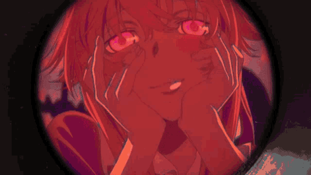 a close up of a person 's face with pink eyes