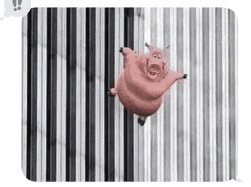 a cartoon pig is flying through the air .