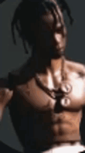 a shirtless man with dreadlocks and a necklace around his neck .
